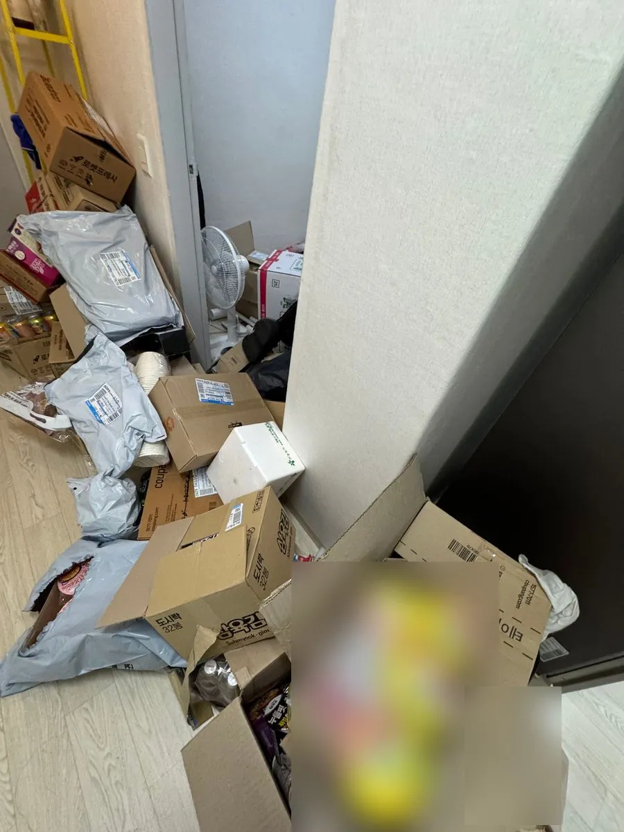 안산 쓰레기집 청소 작업 전 현관 안쪽 통로에 택배 상자와 비닐이 쌓인 모습