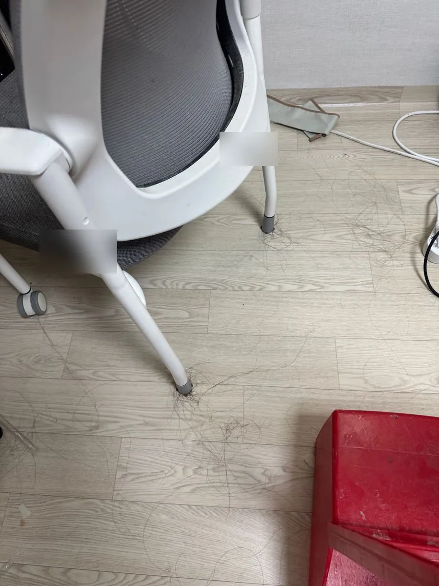 안산 쓰레기집 청소 작업 전 의자 주변 바닥에 머리카락과 먼지가 엉킨 모습