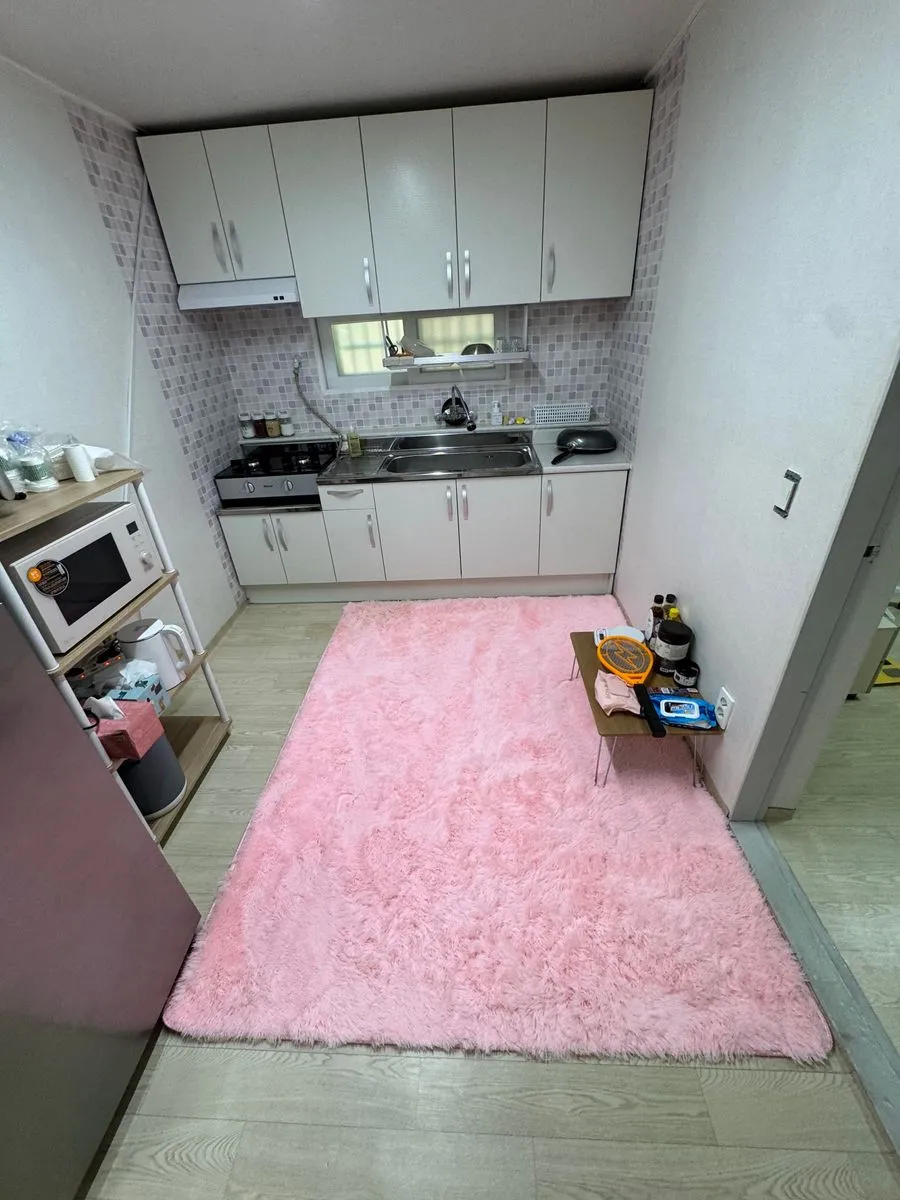 안산 쓰레기집 청소 후 바닥을 닦고 러그를 깔아 둔 주방 겸 방