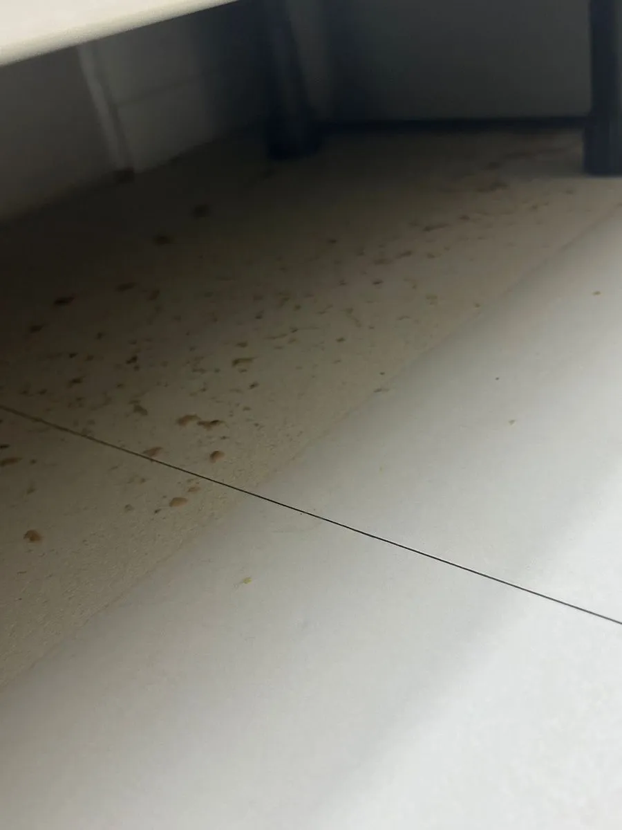 안양 침수청소 작업 전 음식물 찌꺼기가 점점이 번진 하부장 아래 바닥