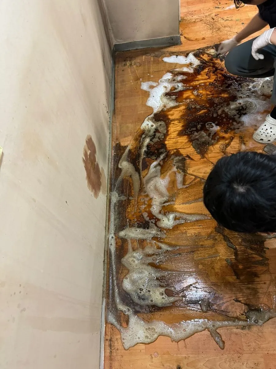 부천 고독사청소 중 세정제 거품을 내며 바닥 얼룩을 닦는 모습